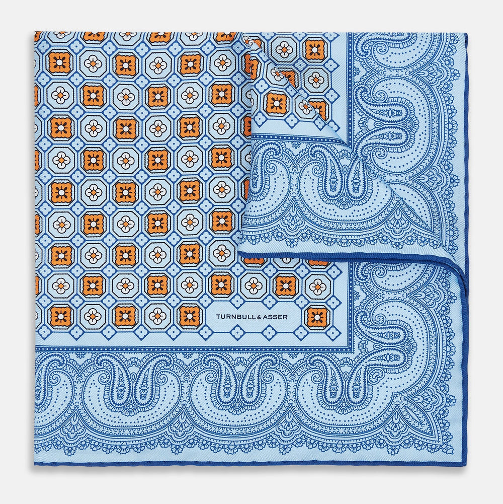 Blue Floral Tile and Paisley Silk Pocket Square