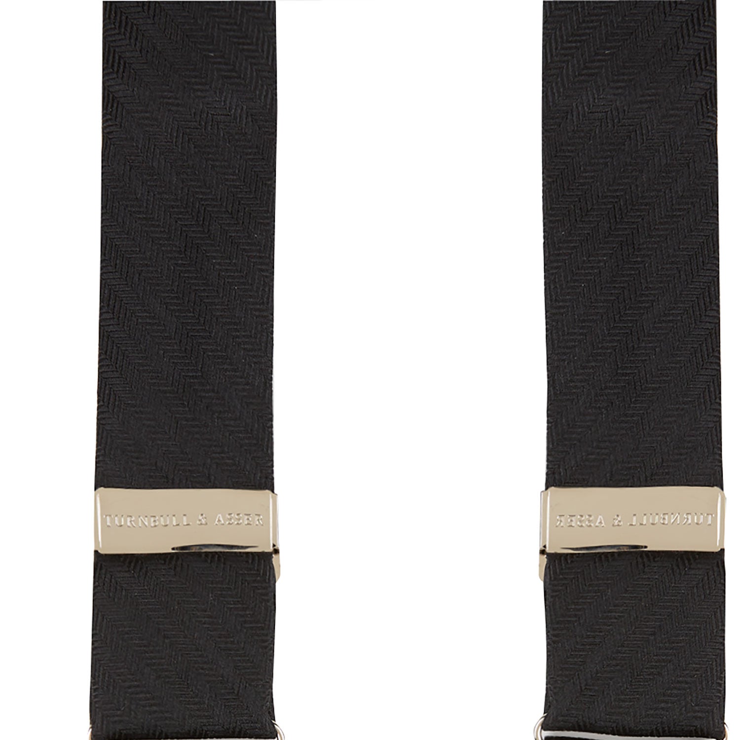 The Turnbull & Asser Black Herringbone Adjustable Silk Braces feature leather button loops and silver metal clips, shown on a white background—an elegant accessory to elevate any outfit.