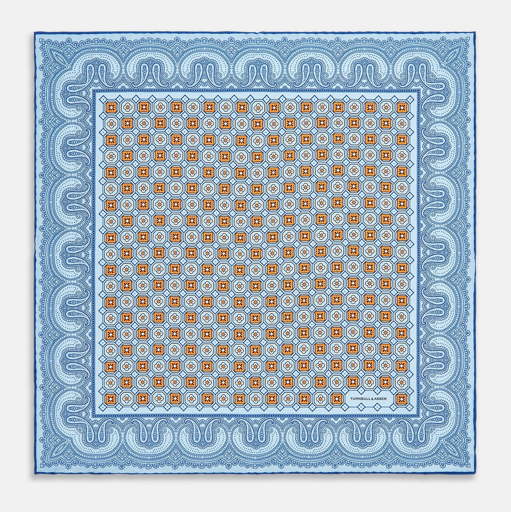 Blue Floral Tile and Paisley Silk Pocket Square
