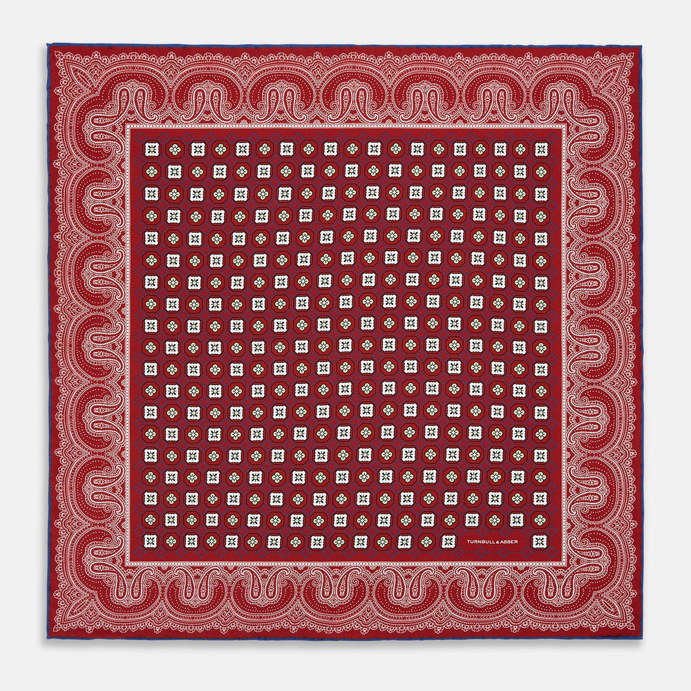 Red Floral Tile and Paisley Silk Pocket Square