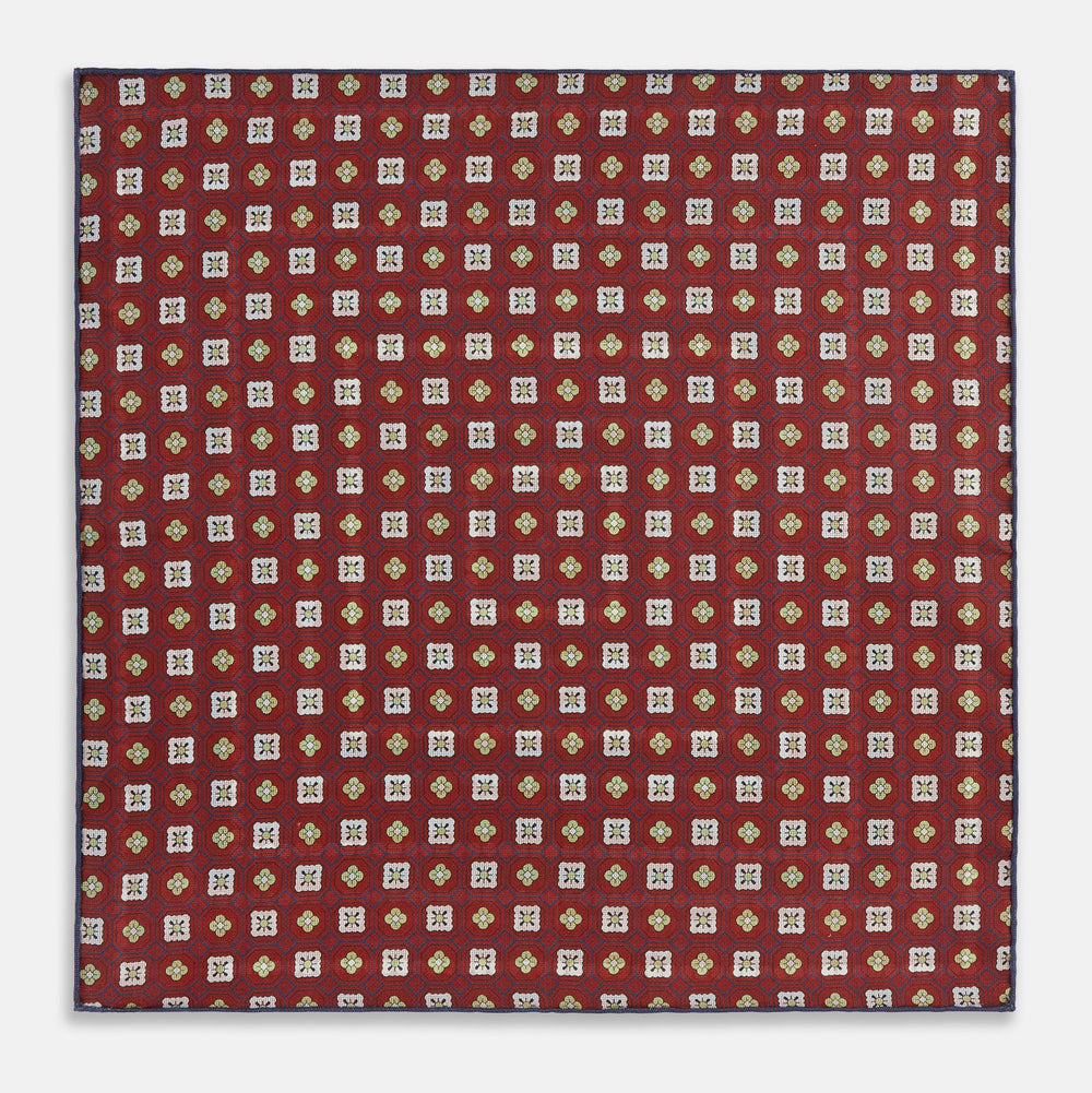 Red Dots and Floral Tile Double-Sided Silk Pocket Square