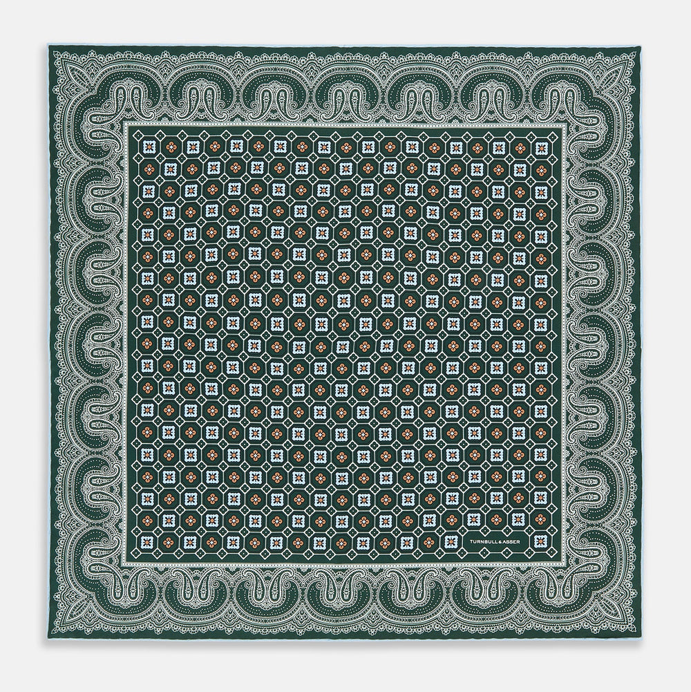 Forest Green Floral Tile and Paisley Silk Pocket Square