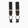 The Turnbull & Asser Black Herringbone Adjustable Silk Braces feature leather button loops and silver metal clips, shown on a white background—an elegant accessory to elevate any outfit.