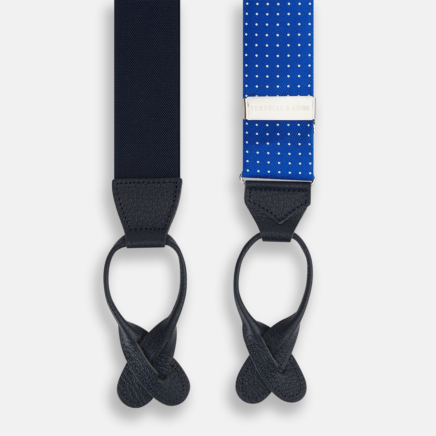 Pale Blue & White Small Spot Adjustable Silk and Navy Leather Braces