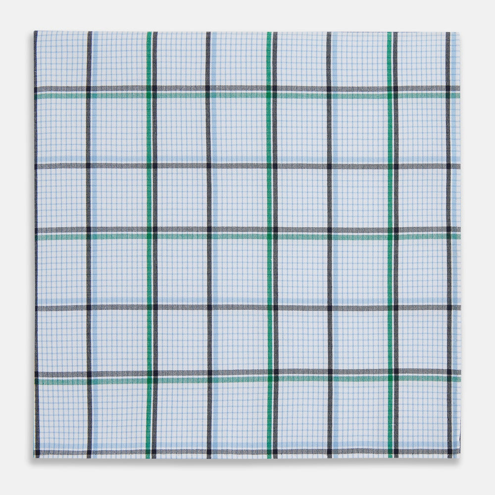 Hand Rolled Blue and Green Tattersall Check Handkerchief