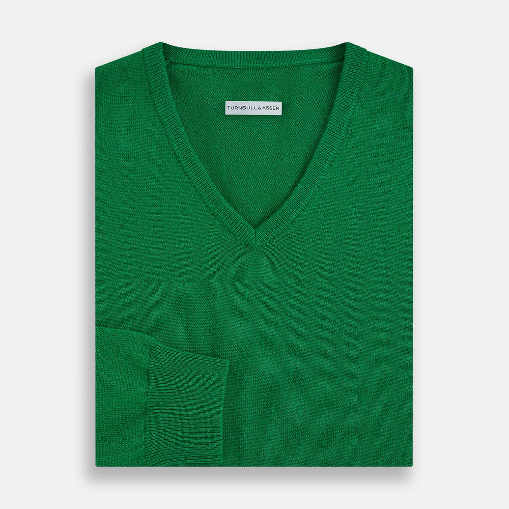 Grass Green Cashmere V-neck Jumper