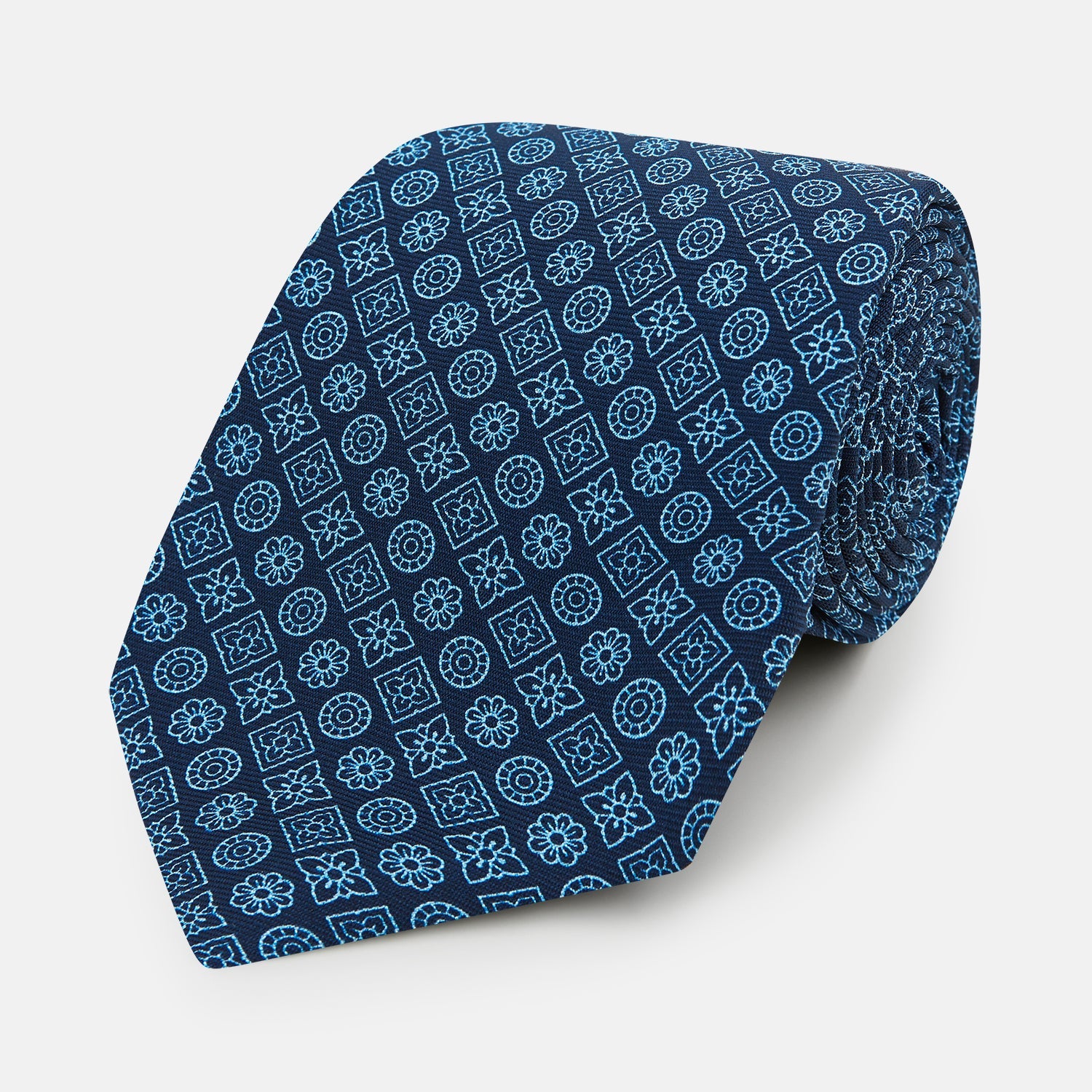 Dark Navy Floral Tile Pattern Printed Silk Tie