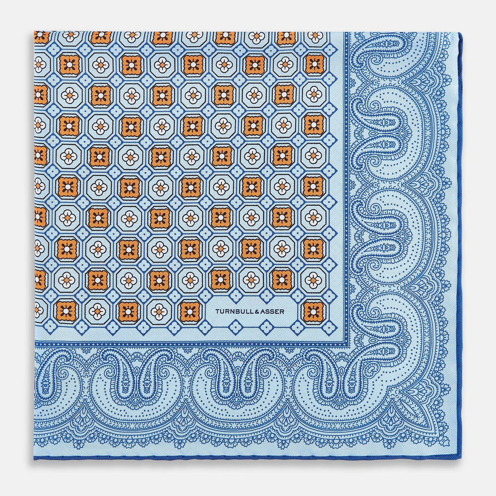 Blue Floral Tile and Paisley Silk Pocket Square