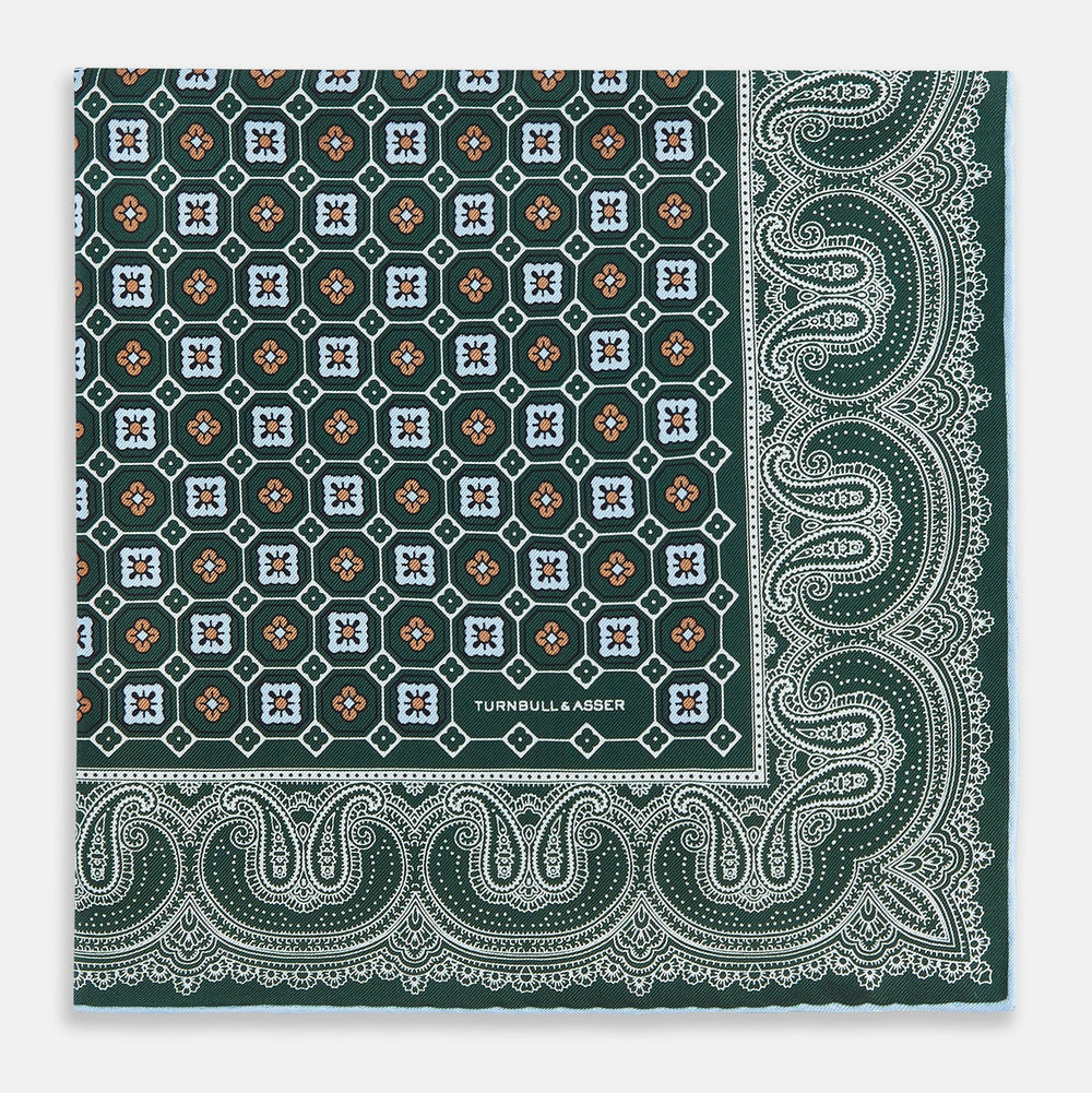 Forest Green Floral Tile and Paisley Silk Pocket Square