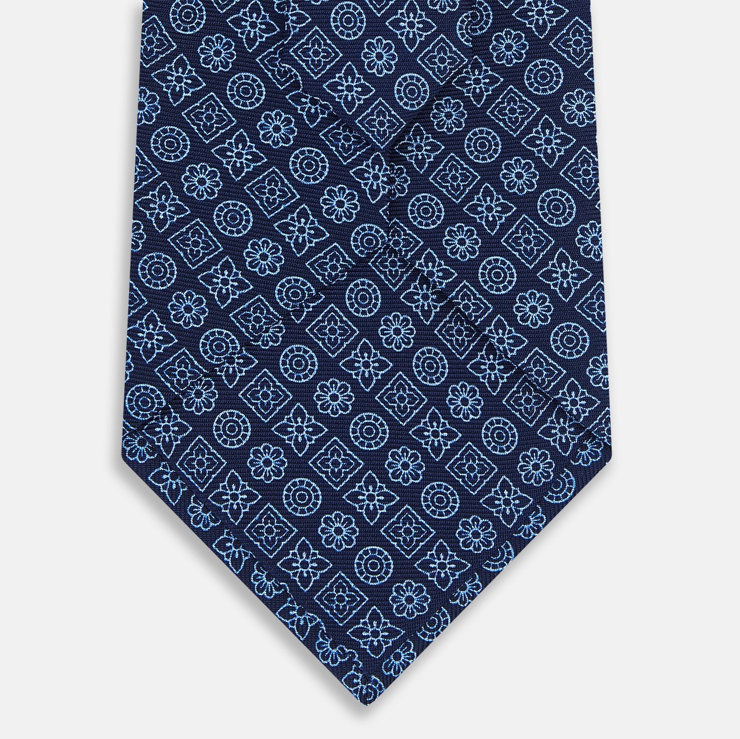 Dark Navy Floral Tile Pattern Printed Silk Tie
