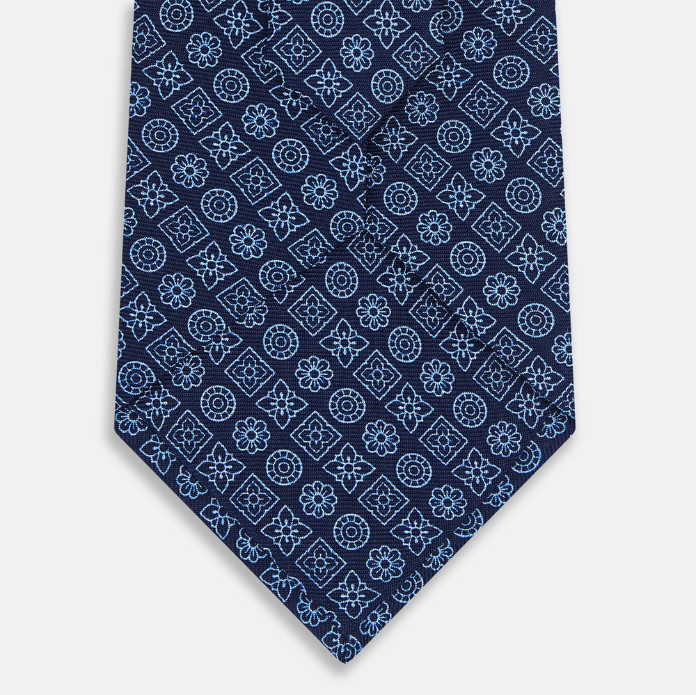 Dark Navy Floral Tile Pattern Printed Silk Tie