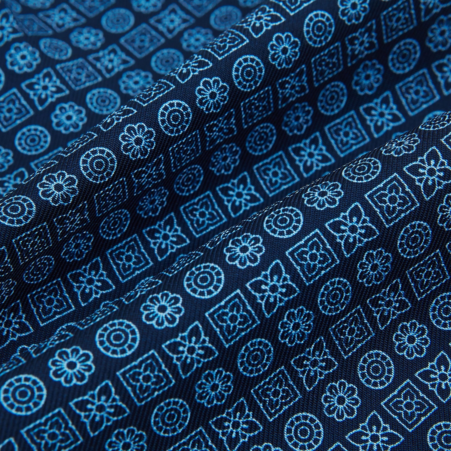 Dark Navy Floral Tile Pattern Printed Silk Cravat