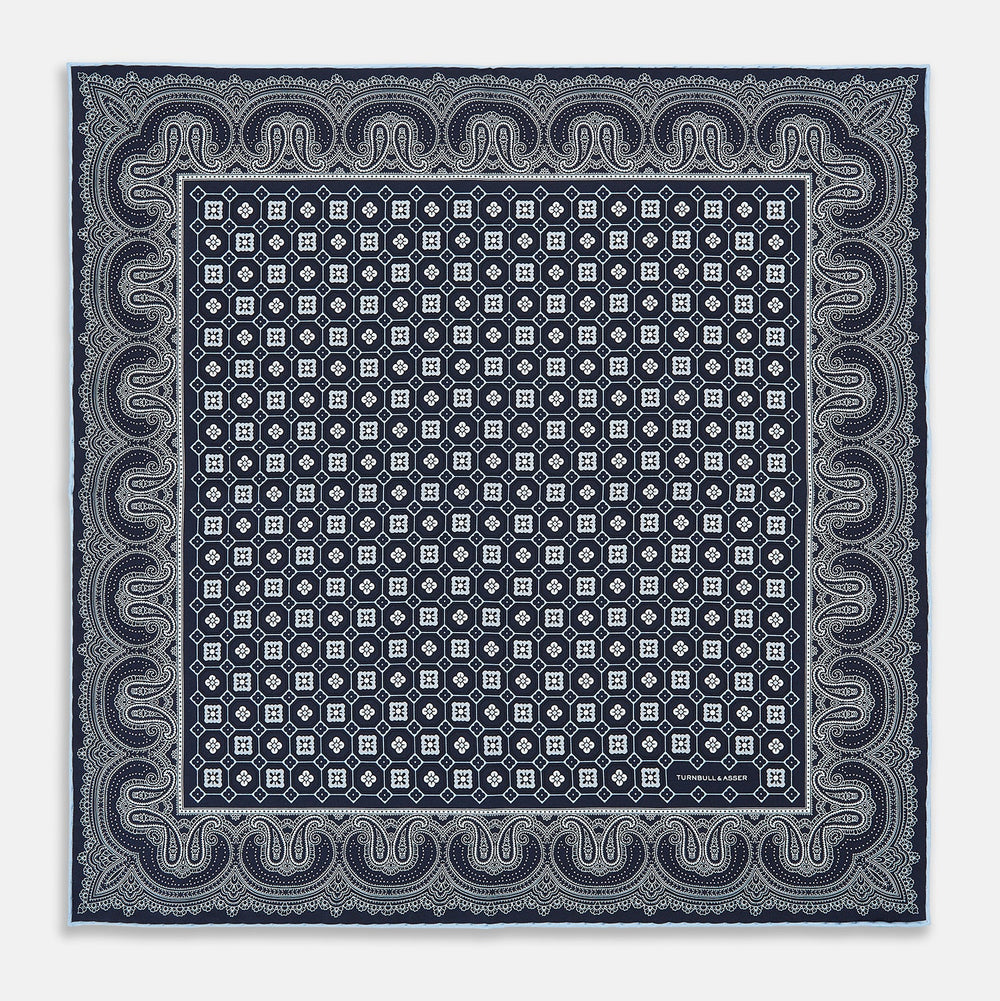 Navy Floral Tile and Paisley Silk Pocket Square