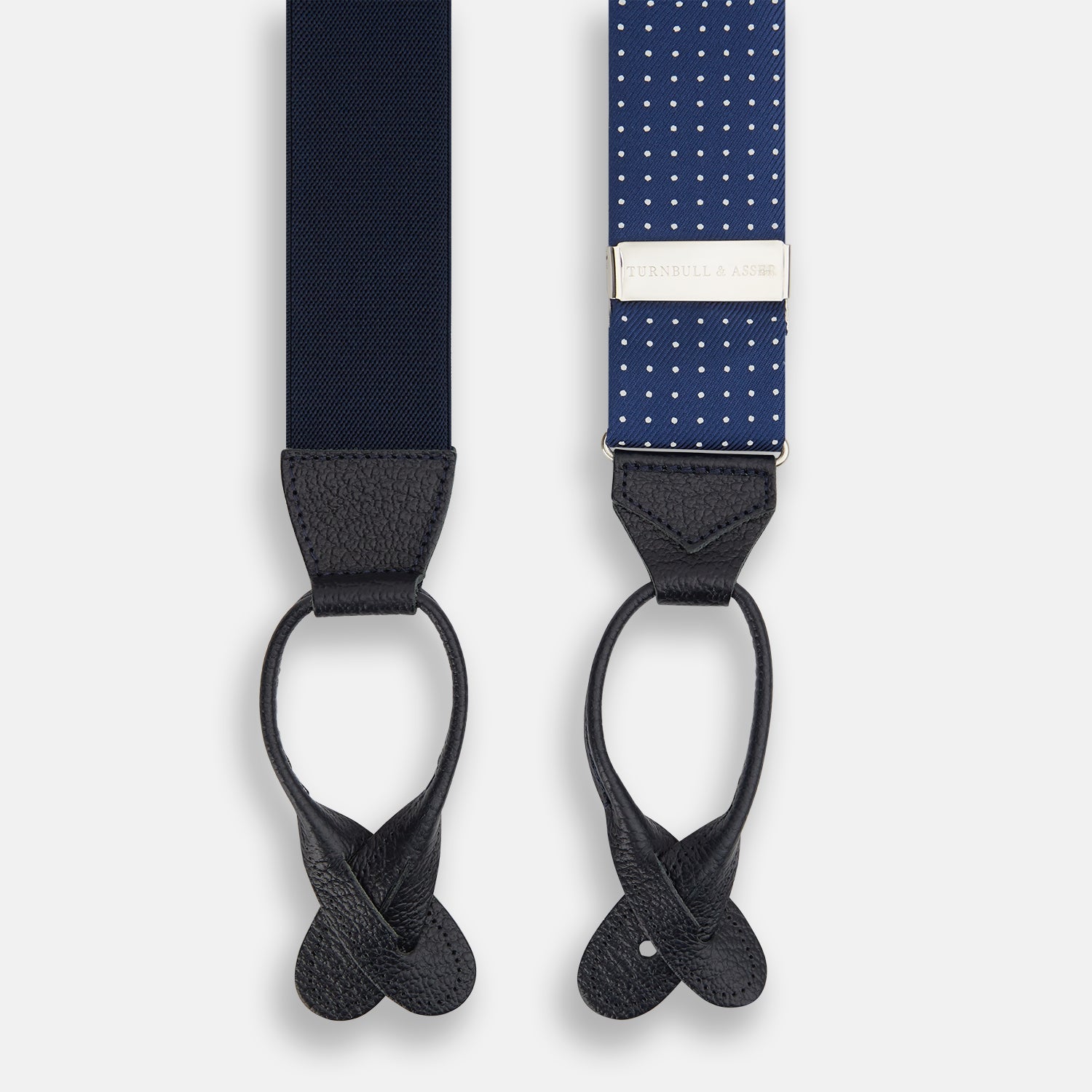 Navy & White Small Spot Adjustable Silk and Navy Leather Braces
