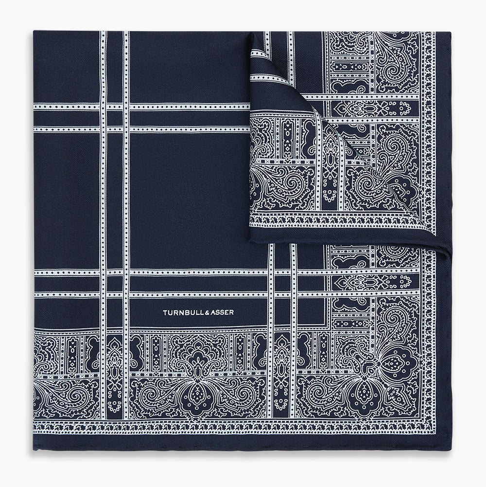 Navy Paisley Bandana Patterned Silk Pocket Square
