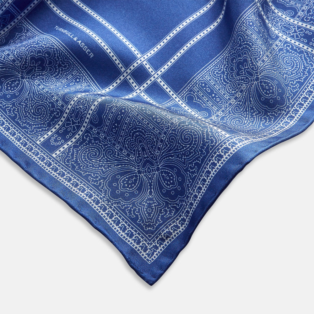 Avio Blue Paisley Bandana Patterned Silk Pocket Square