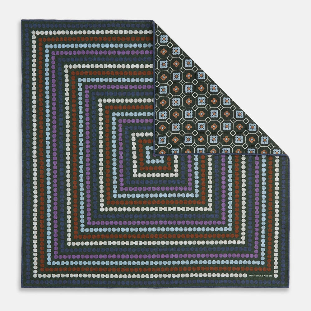 Forest Green Dots and Floral Tile Double-Sided Silk Pocket Square