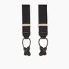 The Turnbull & Asser Black Herringbone Adjustable Silk Braces feature leather button loops and silver metal clips, shown on a white background—an elegant accessory to elevate any outfit.