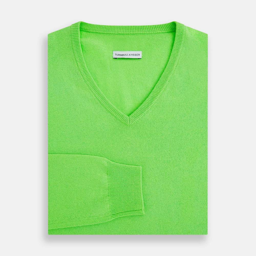Bright Green Cashmere V-Neck Jumper