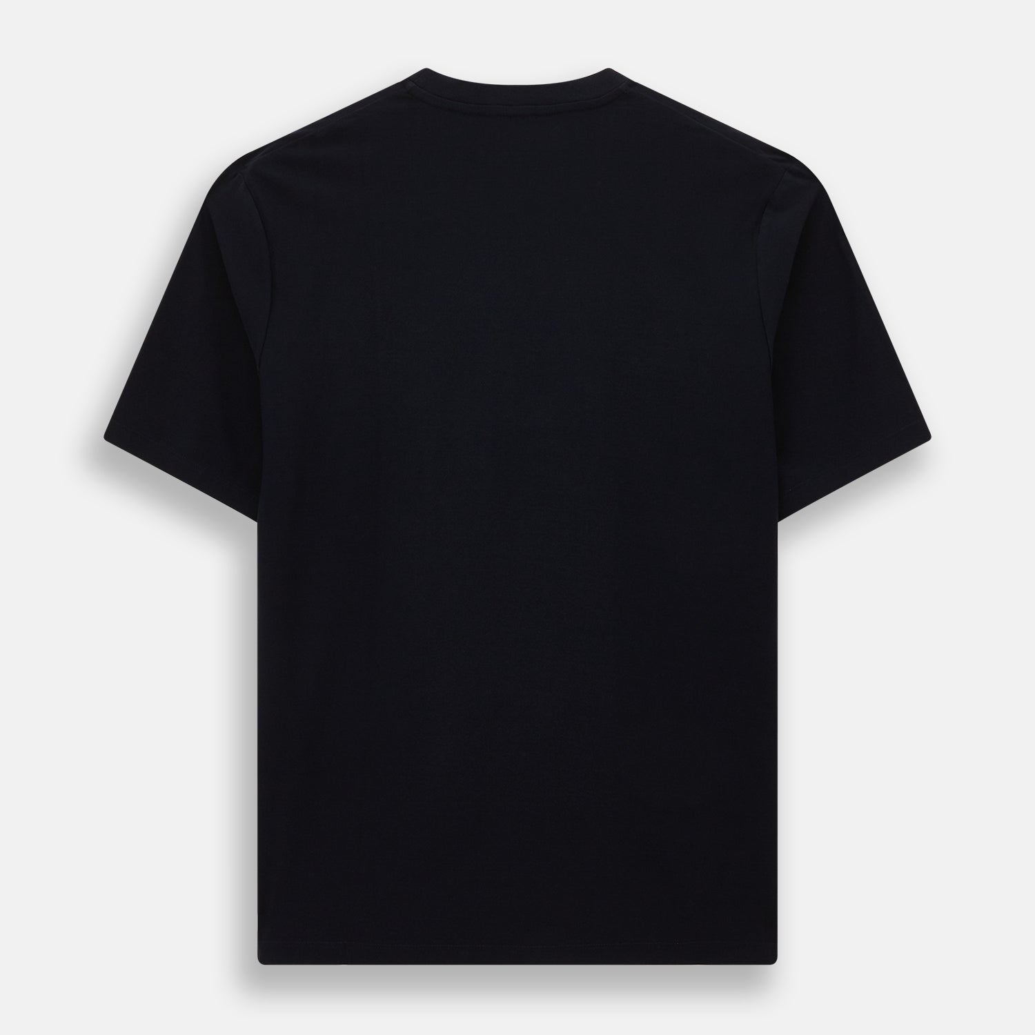 A navy short-sleeve pyjama shirt by Turnbull & Asser is laid flat on a white background, featuring a round neckline and a minimalist design—perfect for relaxed wear.