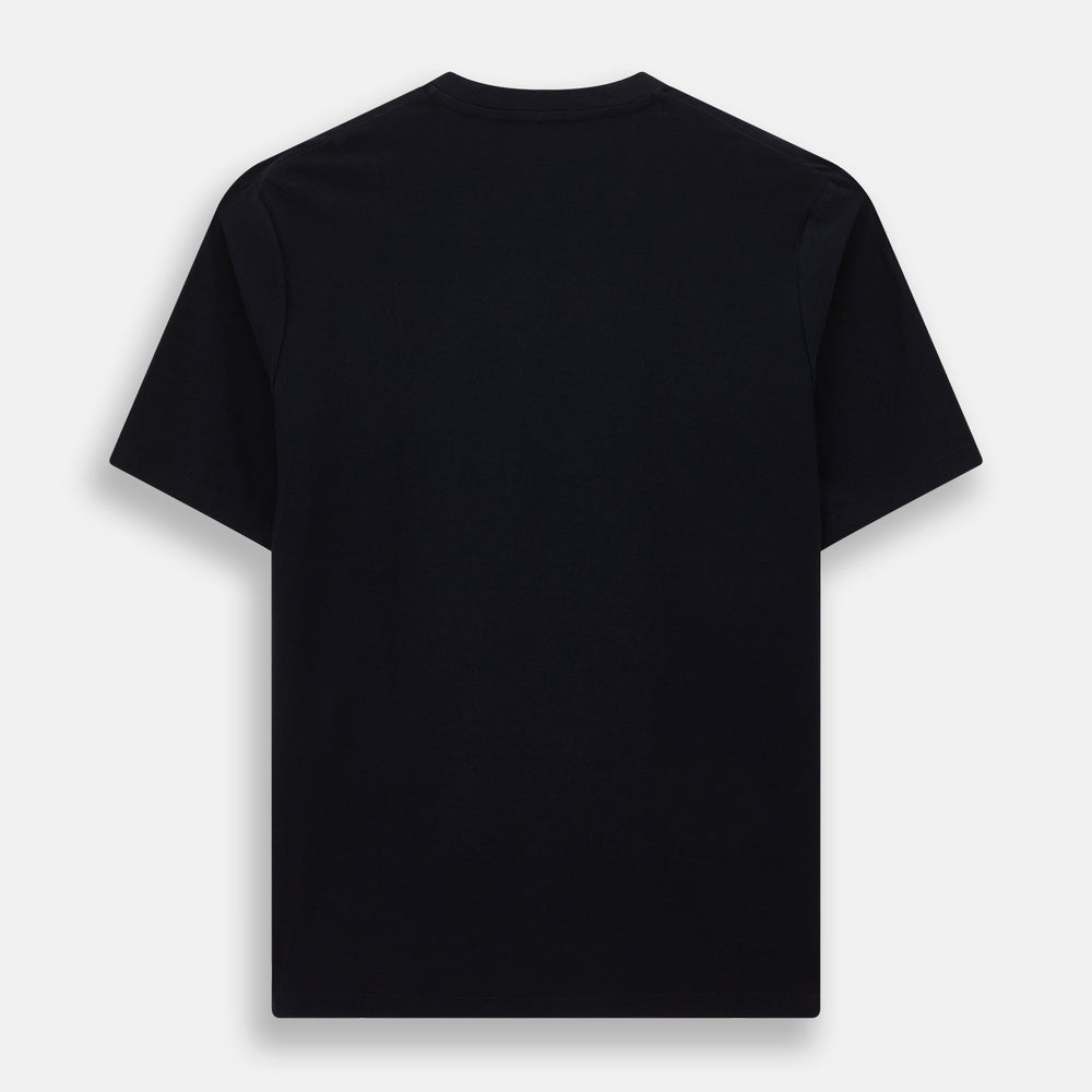A navy short-sleeve pyjama shirt by Turnbull & Asser is laid flat on a white background, featuring a round neckline and a minimalist design—perfect for relaxed wear.
