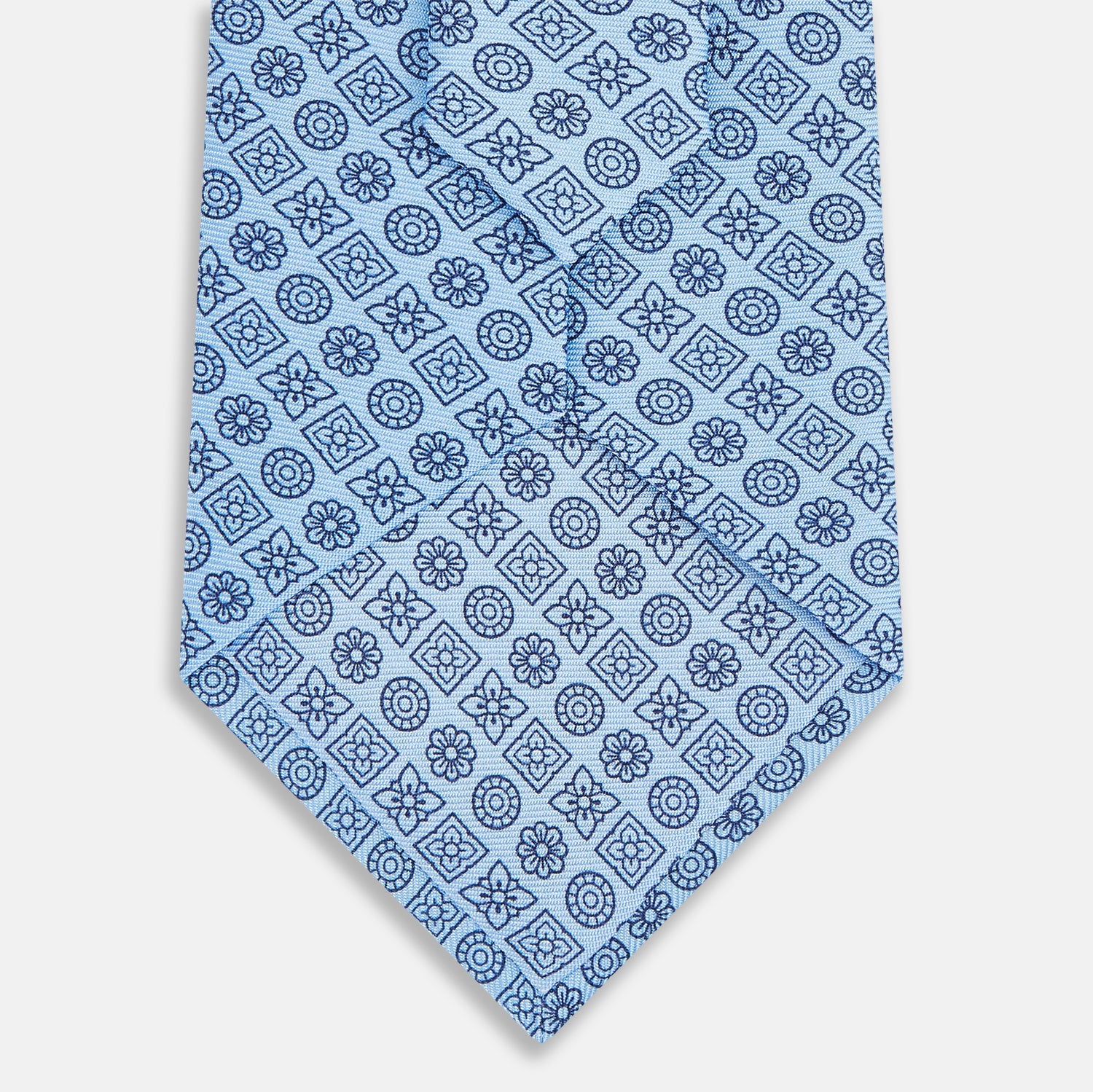 Blue Floral Tile Pattern Printed Silk Tie