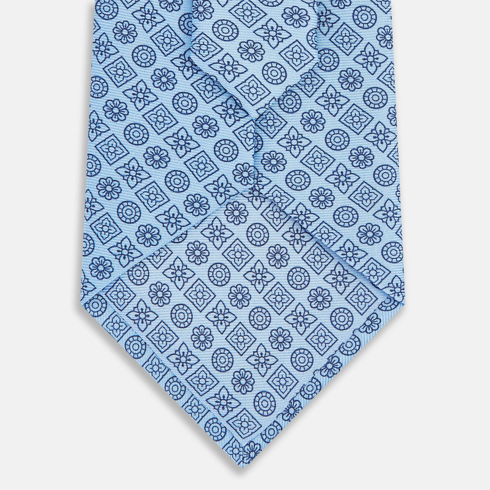 Blue Floral Tile Pattern Printed Silk Tie