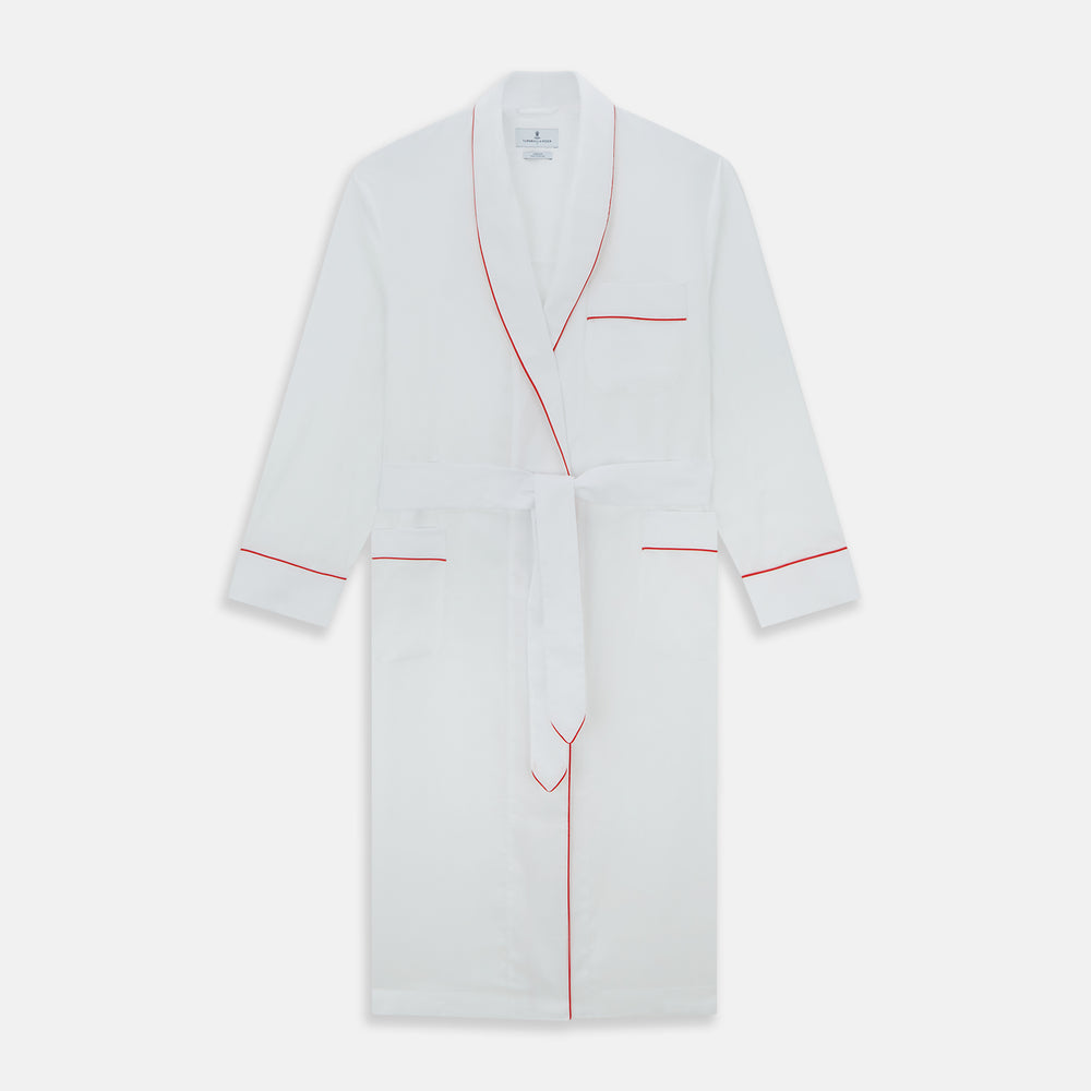 White Piped Herringbone Cotton Gown