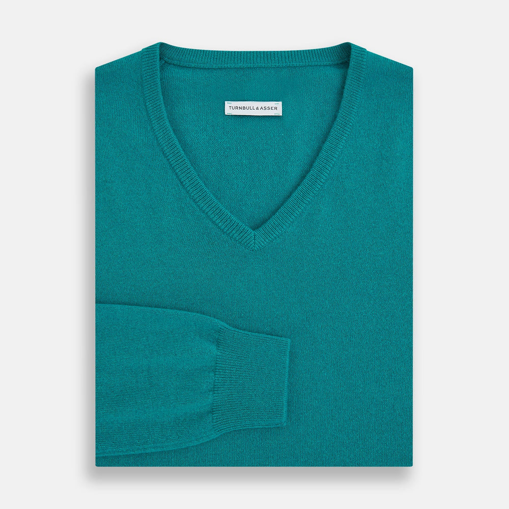 Turquoise Cashmere V-neck Jumper