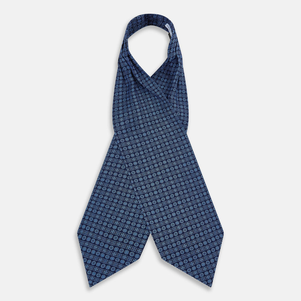 Dark Navy Floral Tile Pattern Printed Silk Cravat