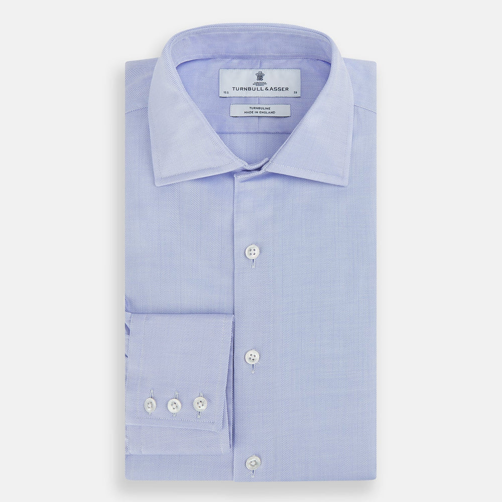 Blue Herringbone Tailored Fit Shirt With Kent Collar