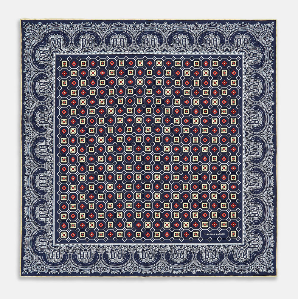 Dark Navy Floral Tile and Paisley Silk Pocket Square