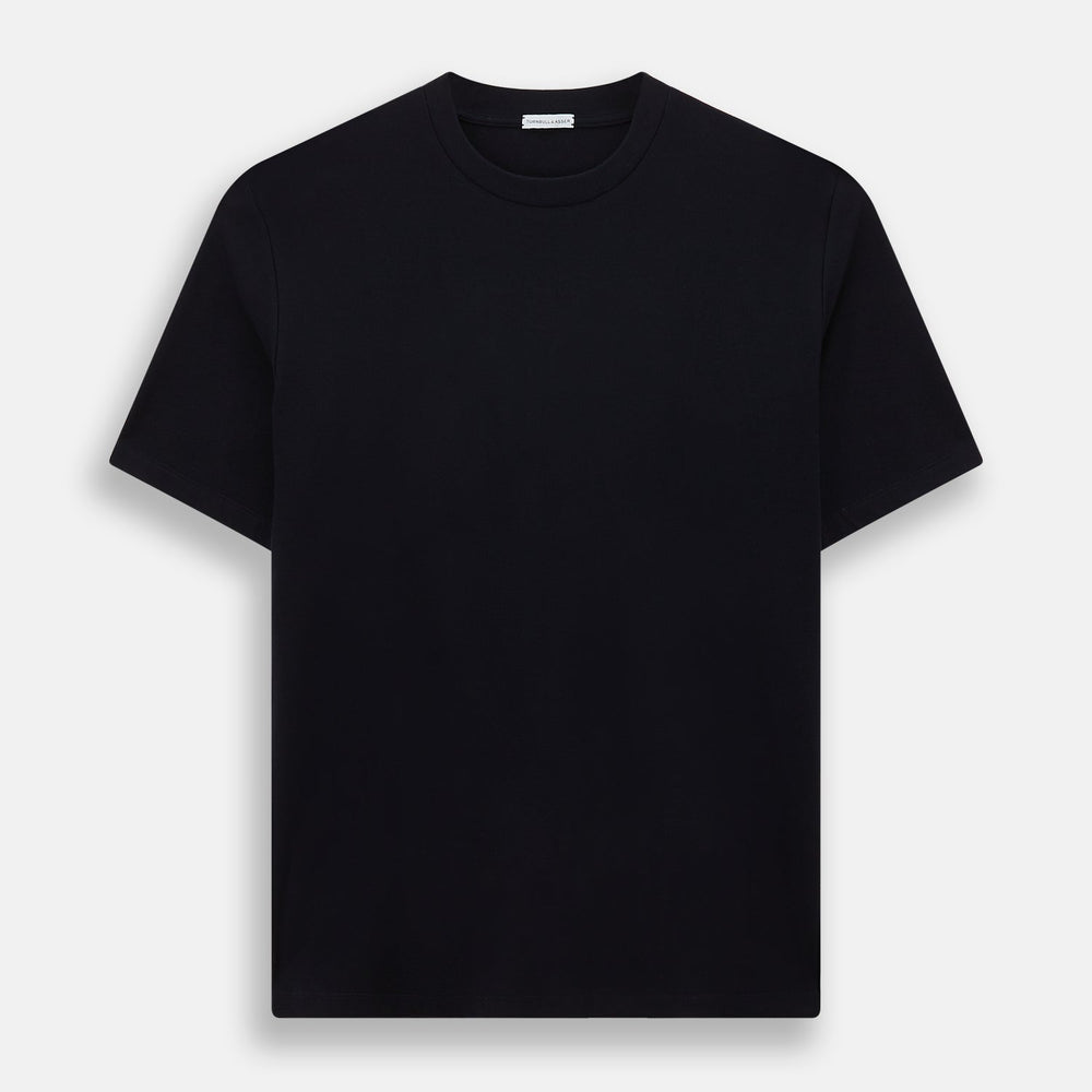 A navy short-sleeve pyjama shirt by Turnbull & Asser is laid flat on a white background, featuring a round neckline and a minimalist design—perfect for relaxed wear.