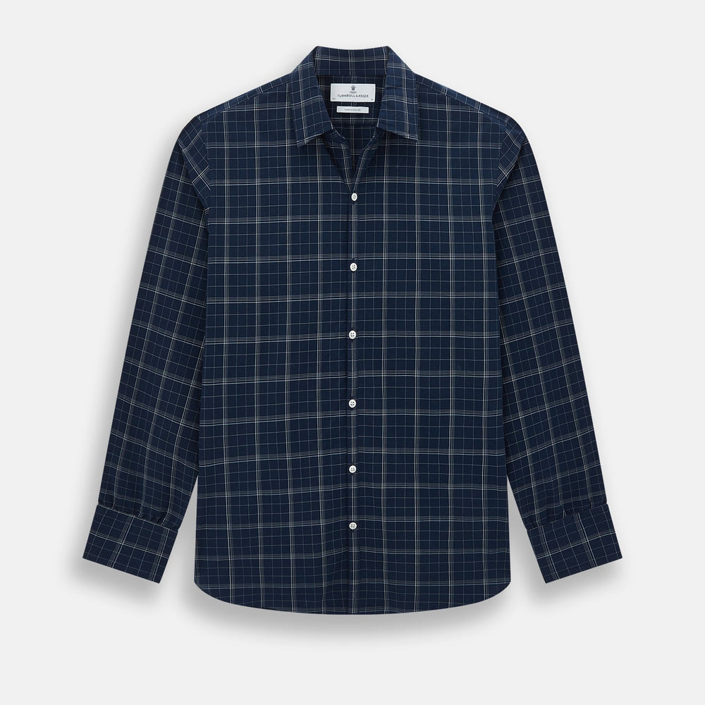 Indigo and White Thin Plaid Check Windsor Shirt