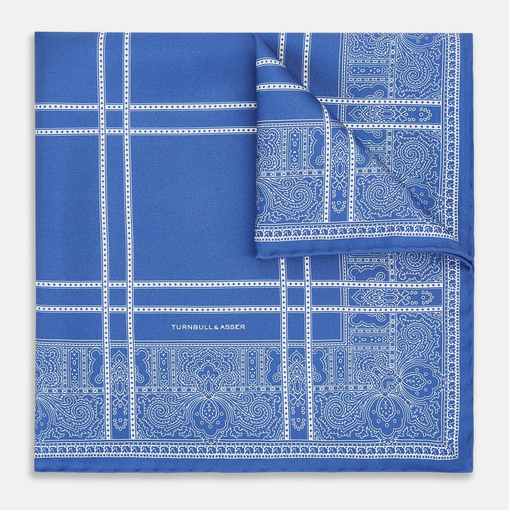 Avio Blue Paisley Bandana Patterned Silk Pocket Square