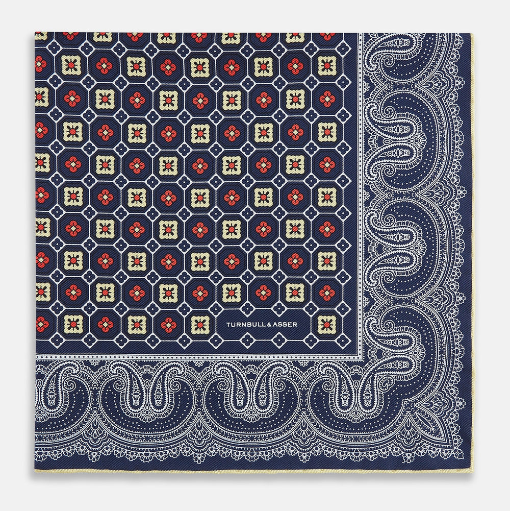 Dark Navy Floral Tile and Paisley Silk Pocket Square