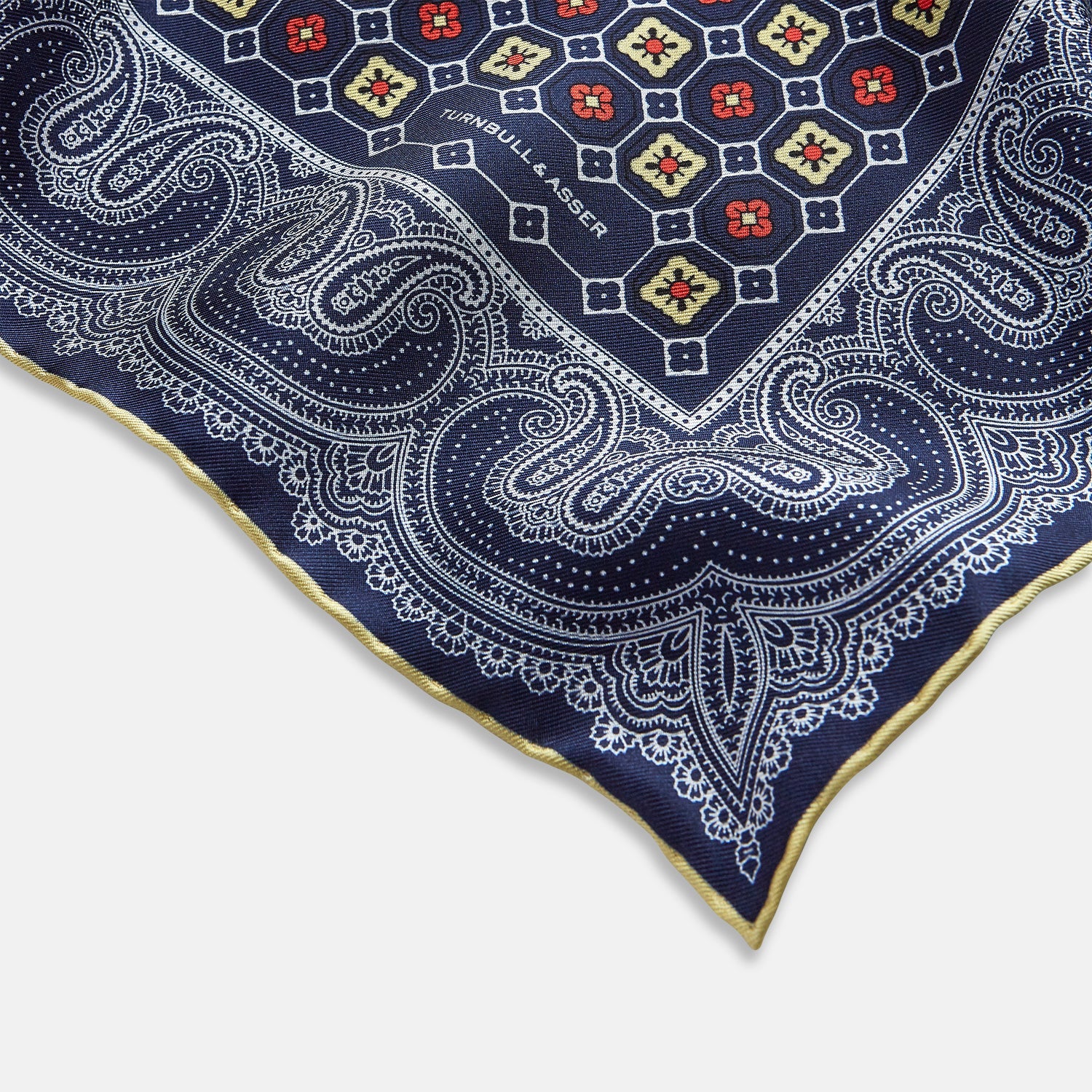 Dark Navy Floral Tile and Paisley Silk Pocket Square
