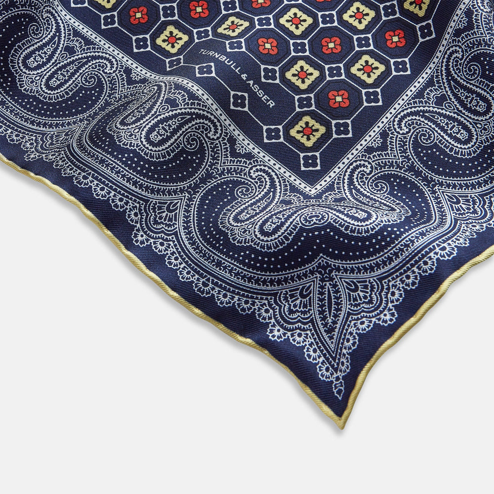 Dark Navy Floral Tile and Paisley Silk Pocket Square