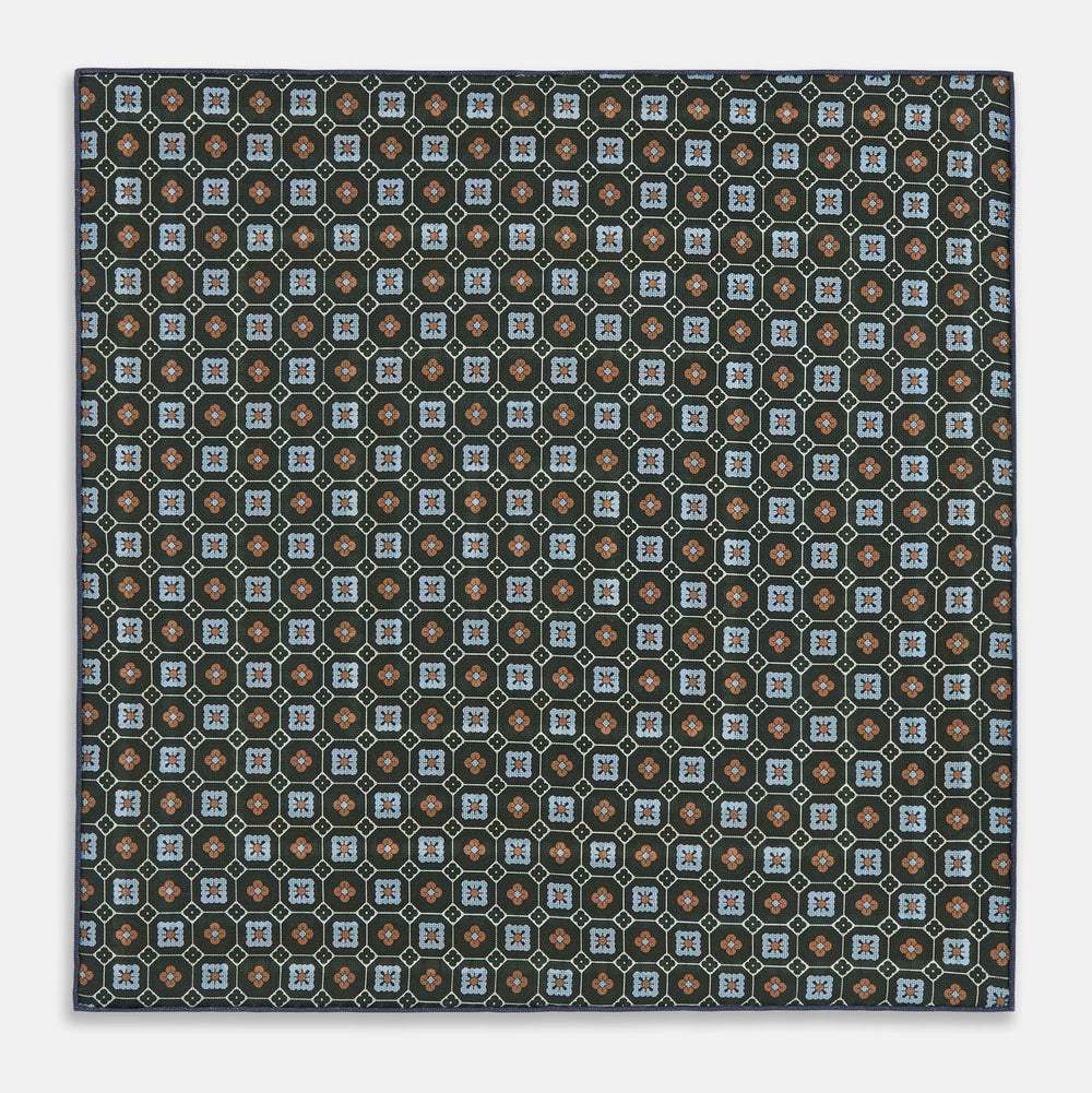 Forest Green Dots and Floral Tile Double-Sided Silk Pocket Square