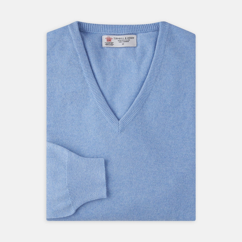 Sky Blue Fine Cashmere V-Neck Jumper