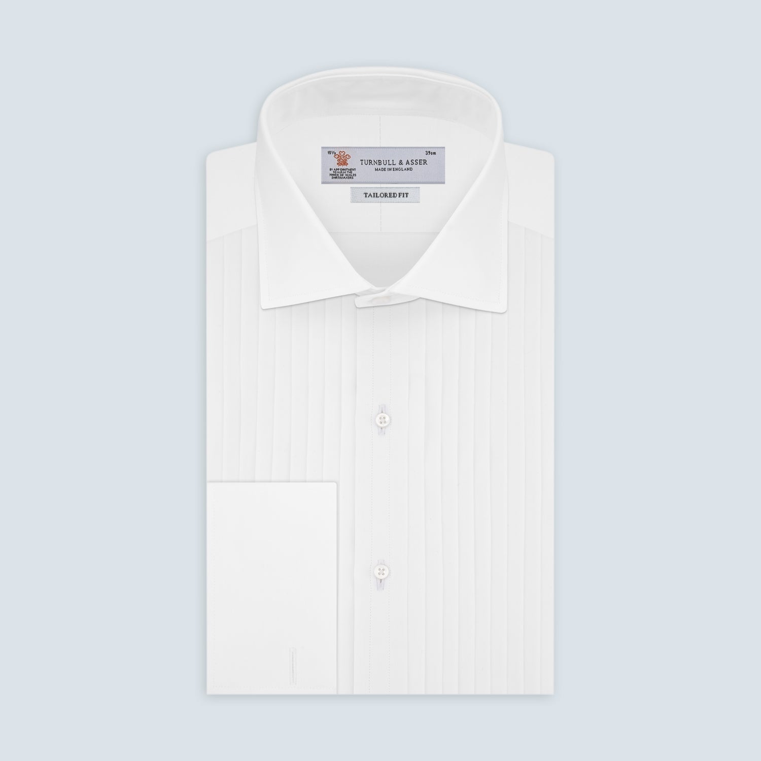 Tailored Fit White Pleated Front Shirt with Kent Collar and Double Cuffs