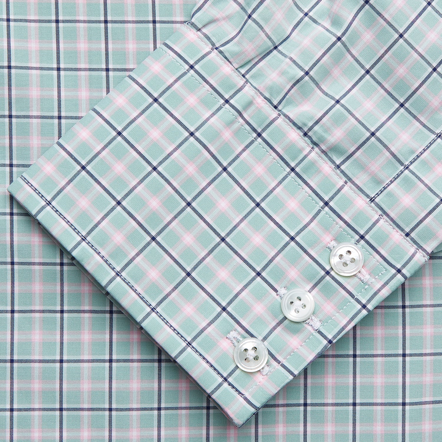 Green, Navy & Pink Check Regular Fit Shirt with T&A Collar and 3 Button Cuffs