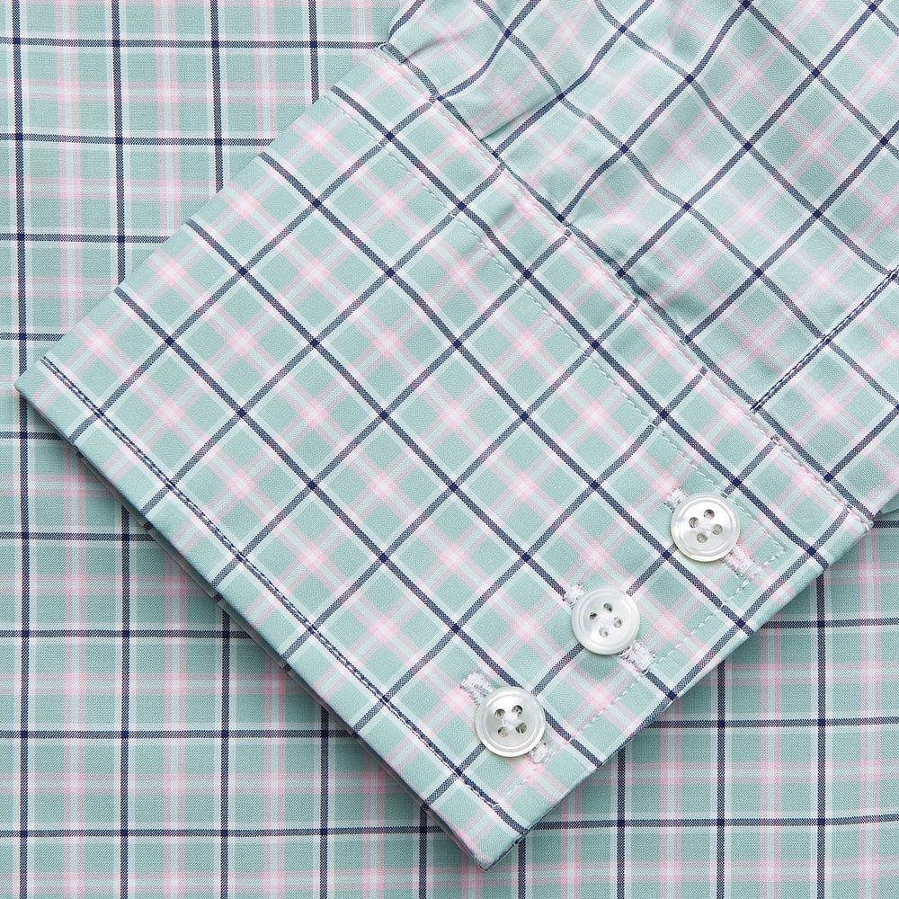Green, Navy & Pink Check Regular Fit Shirt with T&A Collar and 3 Button Cuffs