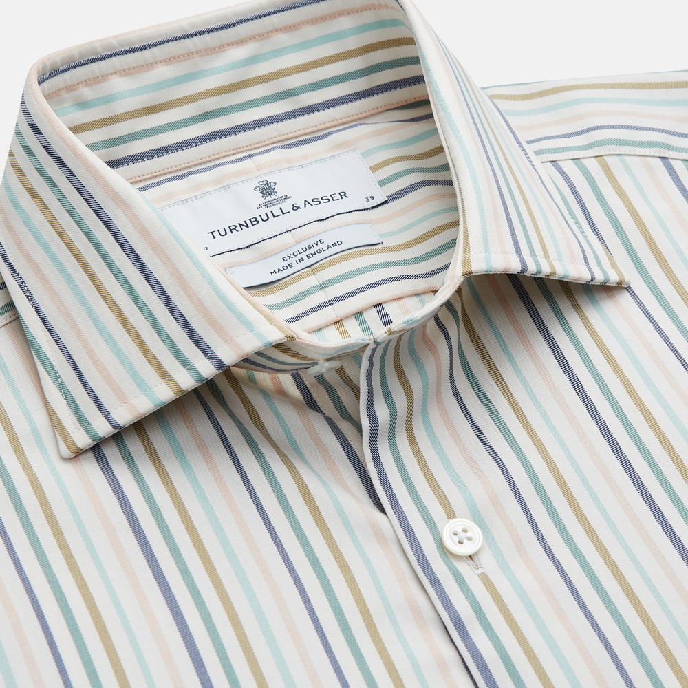 Green Multi Stripe Tailored Fit Shirt with Kent Collar and 2 Button Cuffs