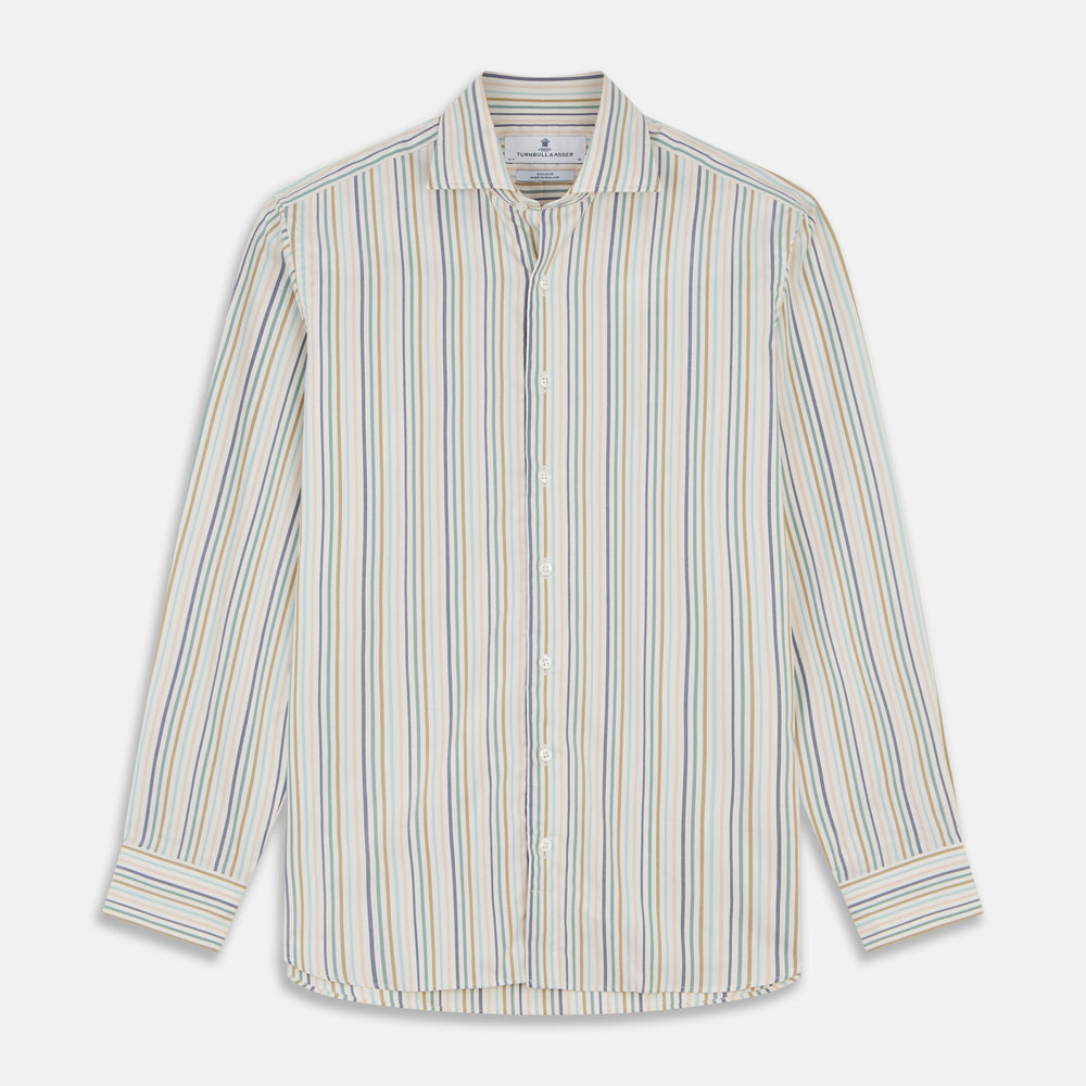 Green Multi Stripe Tailored Fit Shirt with Kent Collar and 2 Button Cuffs