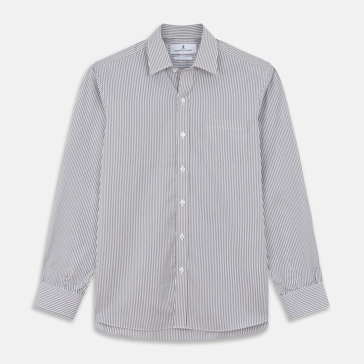 Grey & White Stripe Weekend Fit Shirt with Derby Collar and 1 Button Cuffs