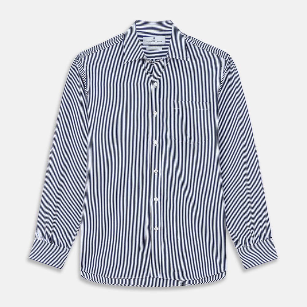 Navy & White Stripe Weekend Fit Shirt with Derby Collar and 1 Button Cuffs