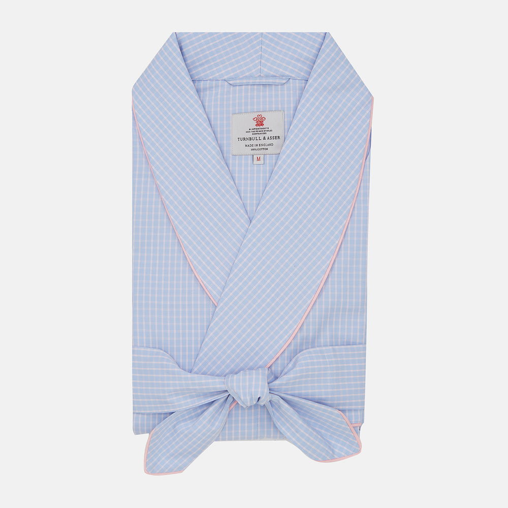 Blue & Pink Poplin Cotton Check Dressing Gown