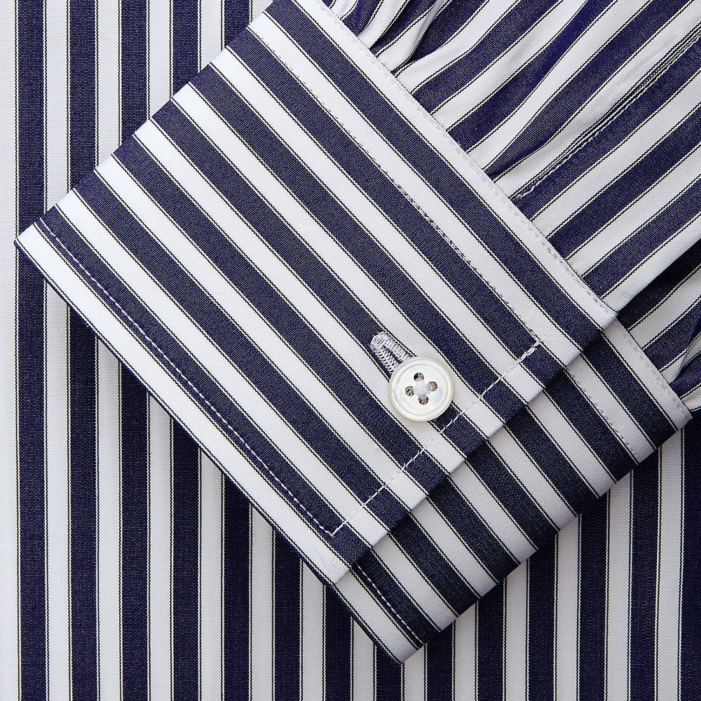 Navy & White Stripe Weekend Fit Shirt with Derby Collar and Single Button Cuffs