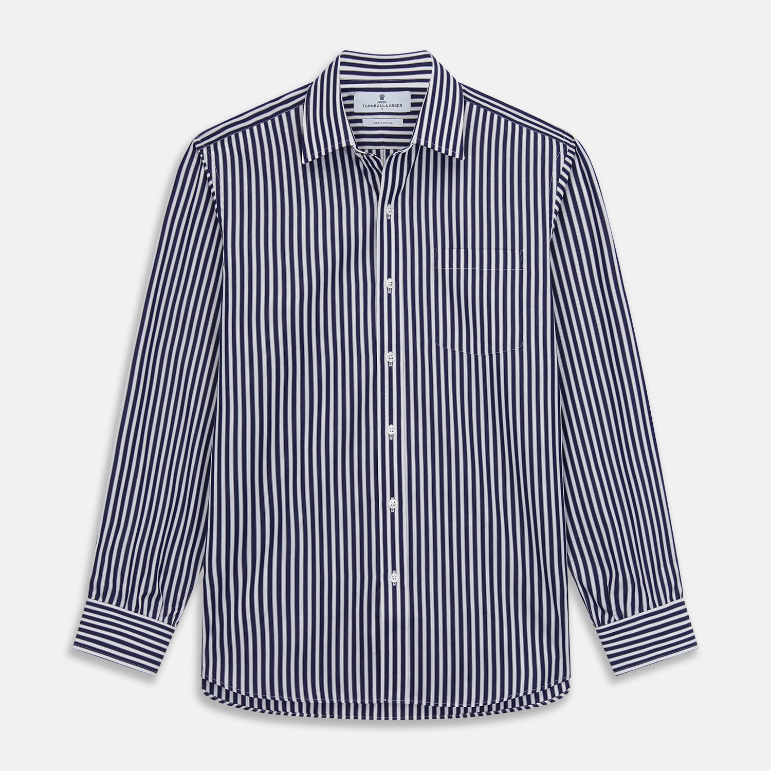 Navy & White Stripe Weekend Fit Shirt with Derby Collar and Single Button Cuffs
